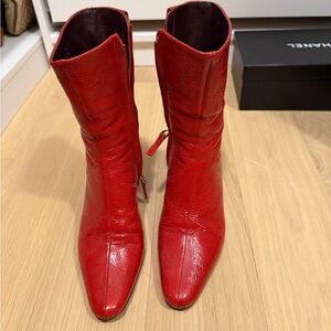 Red Leather Women's Mid-Calf Pointed Toe Boots